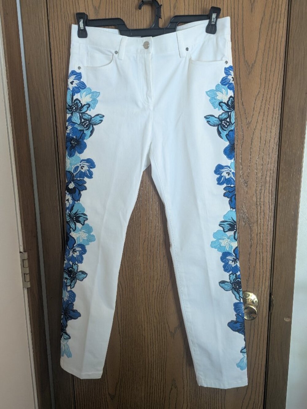 Carlisle White Pants with Blue Floral Side Embroidery